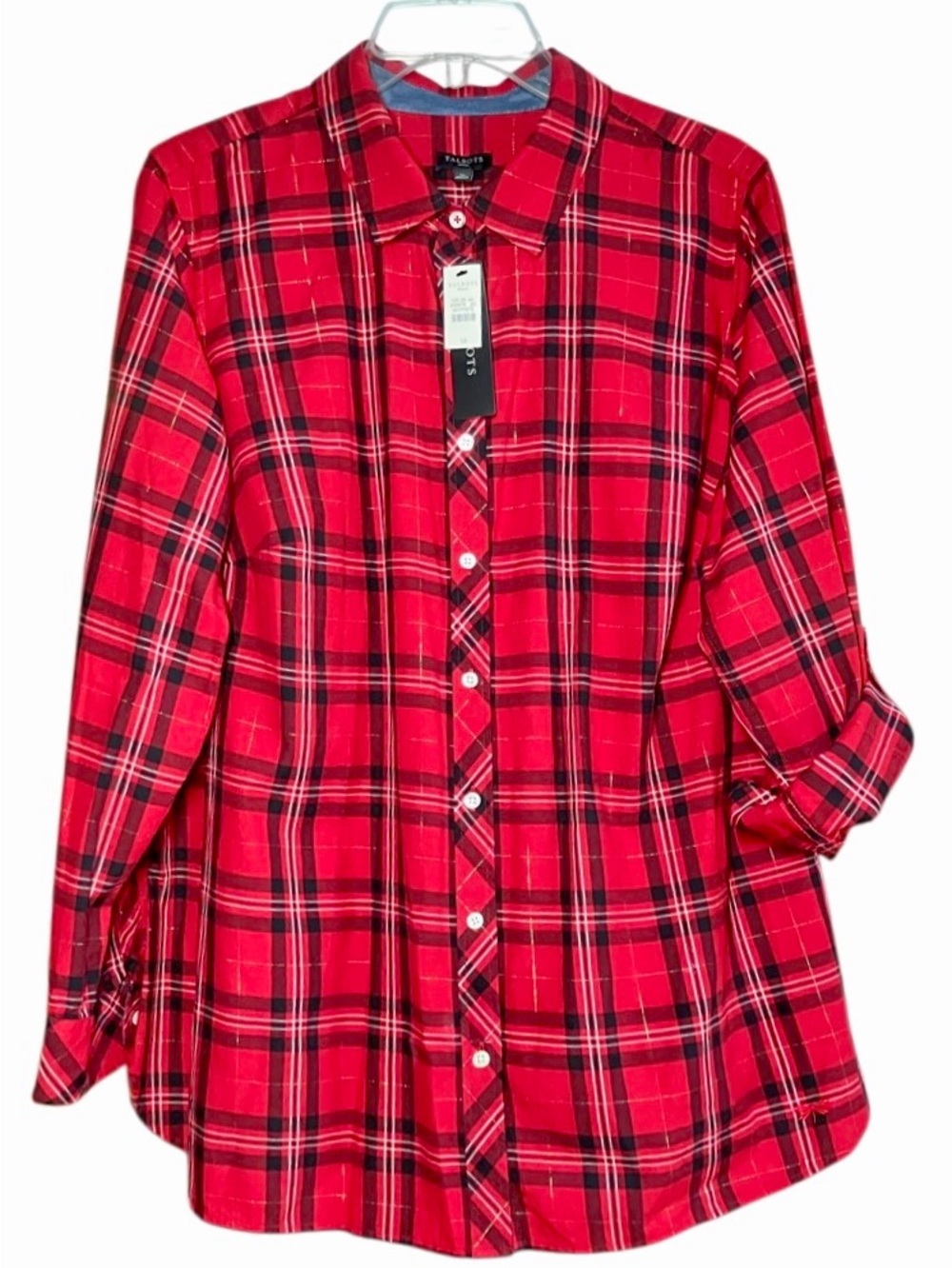 Talbots Plaid Button Cuffed Button Down in Red/Black Womens 1X